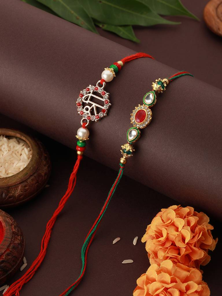 Saraf RS Jewellery Set Of 2 Kundan, Pearl Beaded Rakhi With Roli Chawal.
