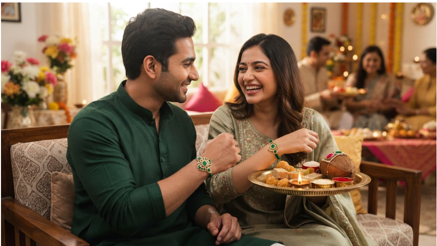 Brother and bhabhi wearing matching green emerald and gold plated rakhis, holding a brass sweet plate during Raksha Bandhan.