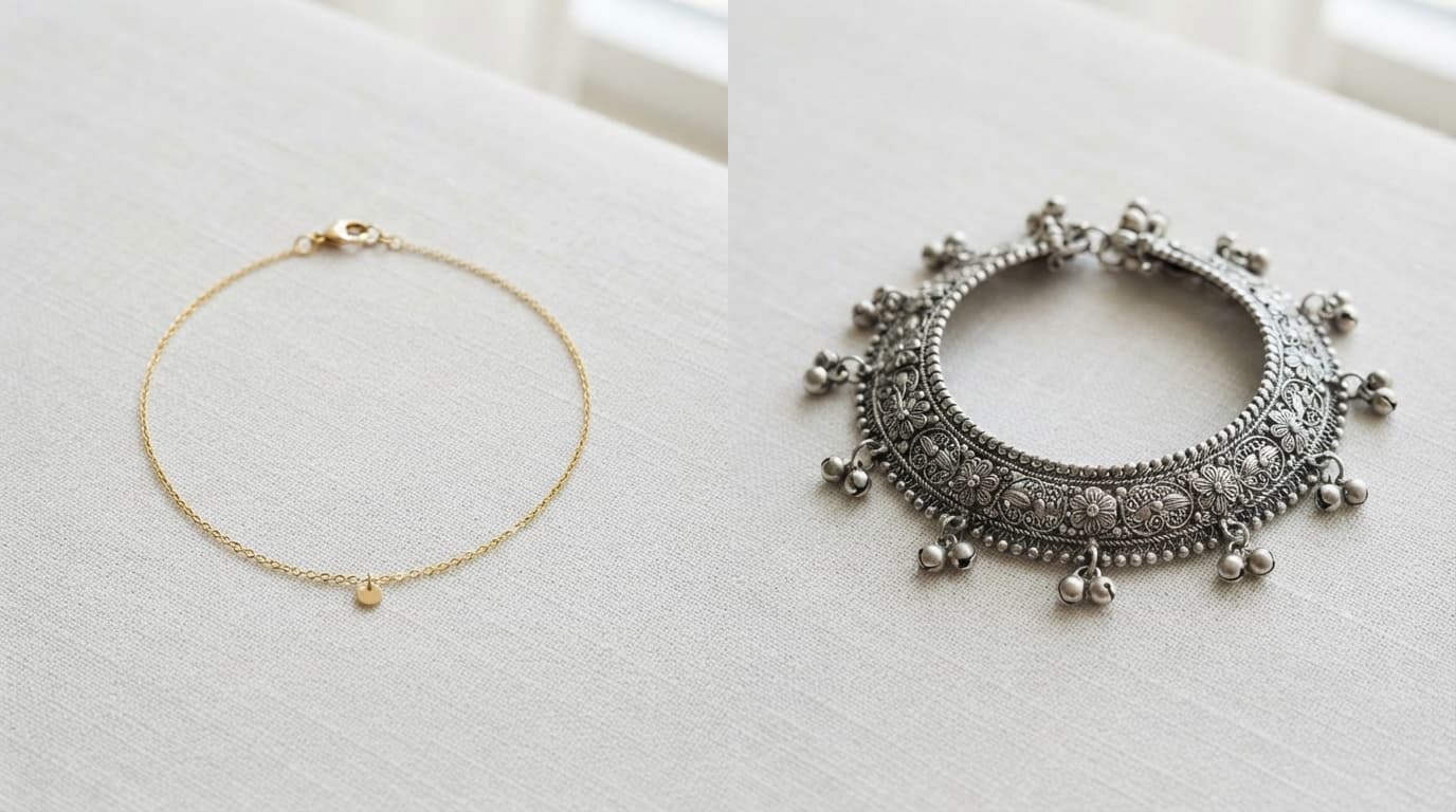Flat lay comparing a modern gold chain anklet and an ornate traditional silver Indian payal on a neutral background.