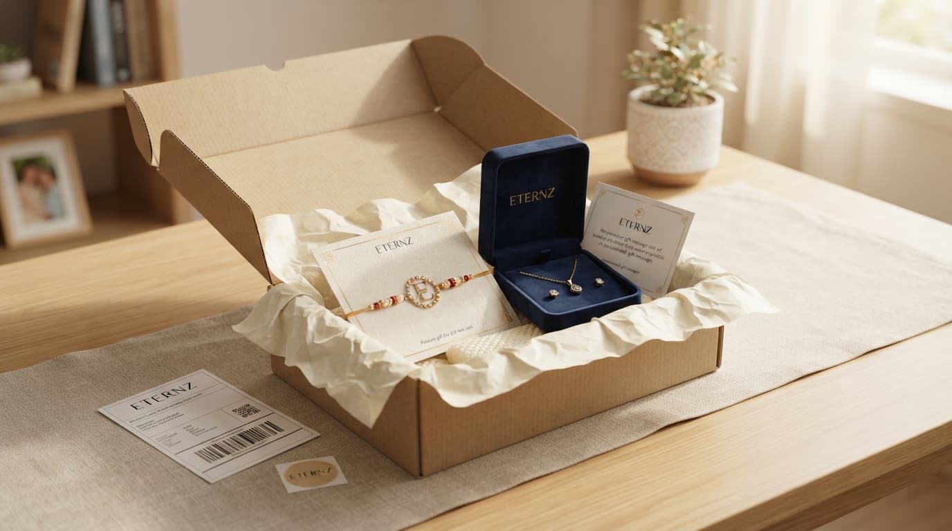Premium Rakhi online delivery box revealing a designer Rakhi and beautiful jewelry gift set for Raksha Bandhan.