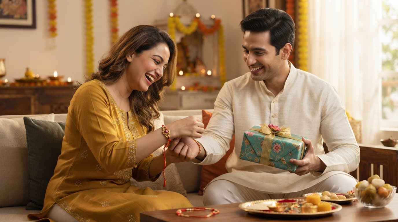 A sister tying a colorful Rakhi on her brother's wrist during Raksha Bandhan 2026 festive celebrations.