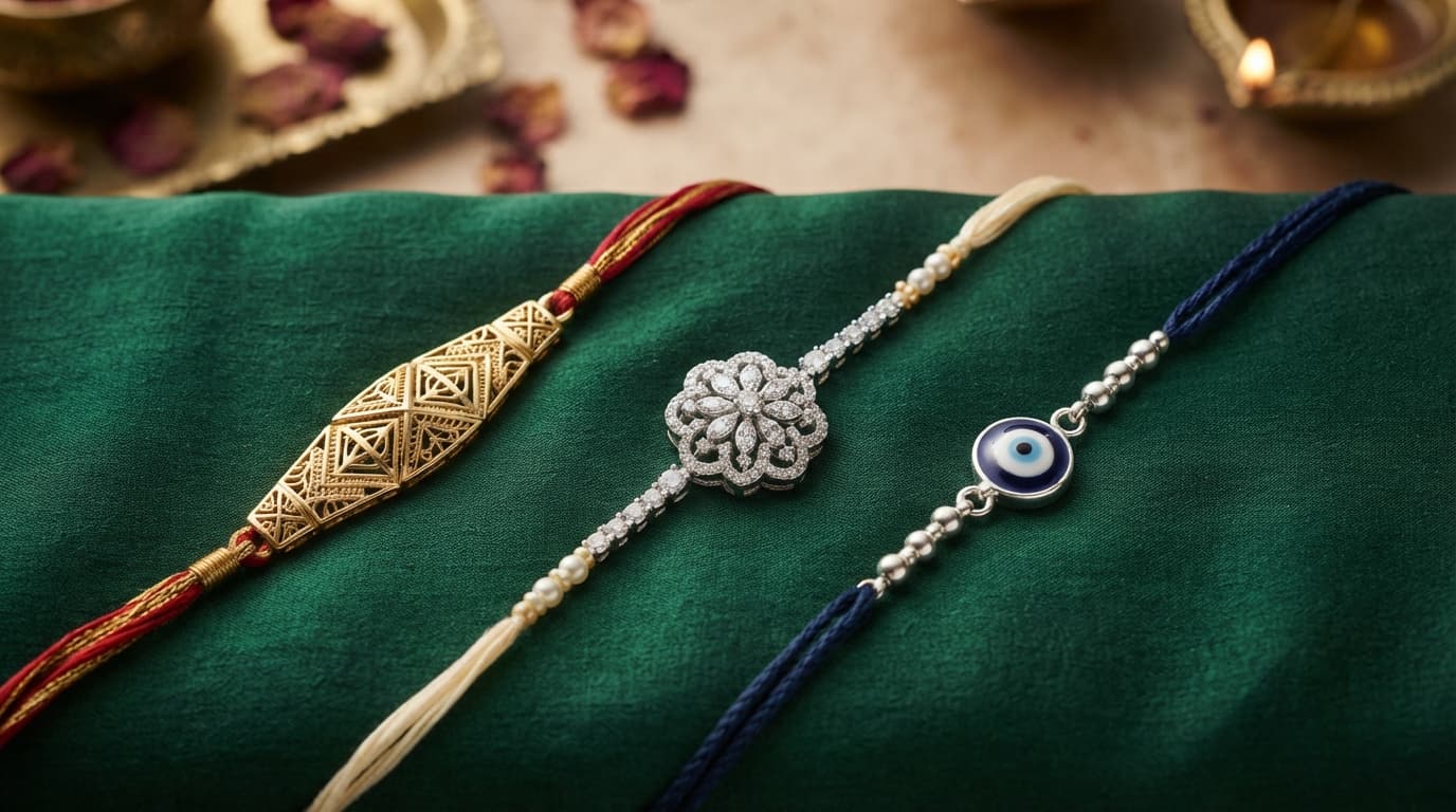 Gold Rakhi, diamond Rakhi, and sterling silver Rakhi on silk. Shop premium designs from the best Rakhi brands online.