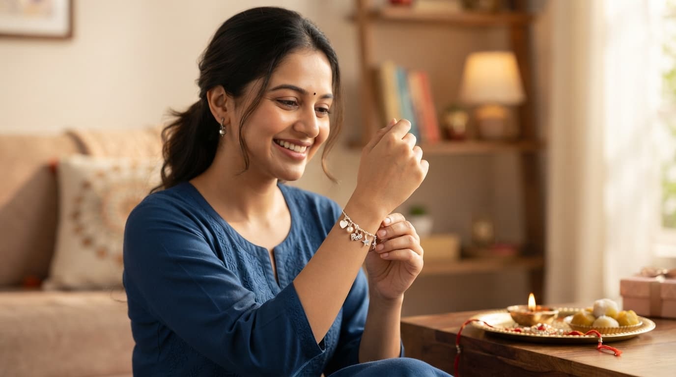 Woman wearing a delicate silver charm bracelet, an elegant Rakhi gift idea for Raksha Bandhan.