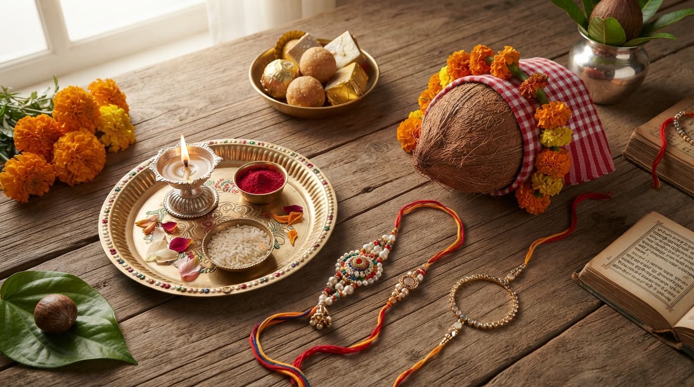 Regional Raksha Bandhan flatlay with a traditional Lumba Rakhi and a coconut symbolizing Maharashtra Narali Purnima.
