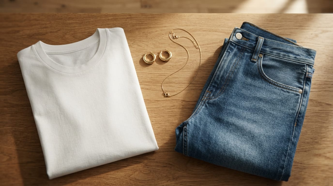 Flat lay of casual outfit with gold hoop earrings and gold necklace for everyday style on wooden surface.