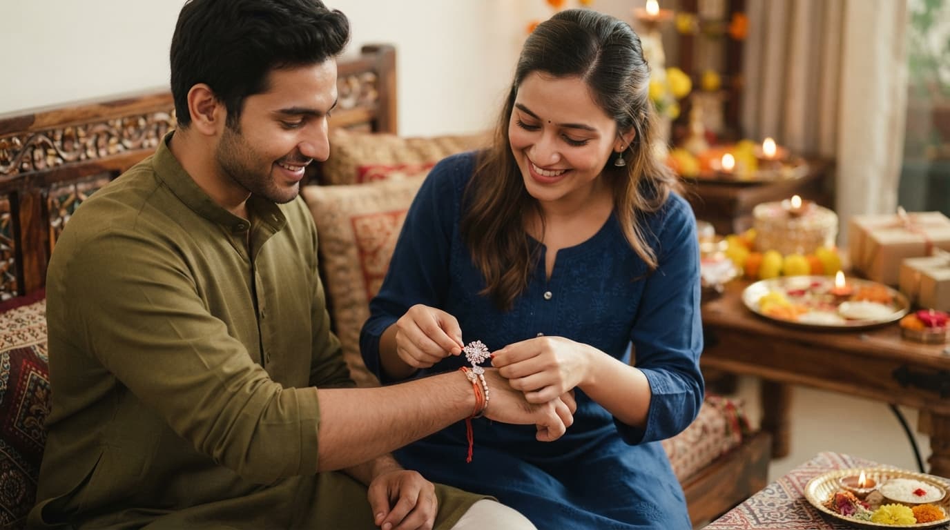 A sister tying a shining silver rakhi on her brother's wrist during traditional Raksha Bandhan celebrations.