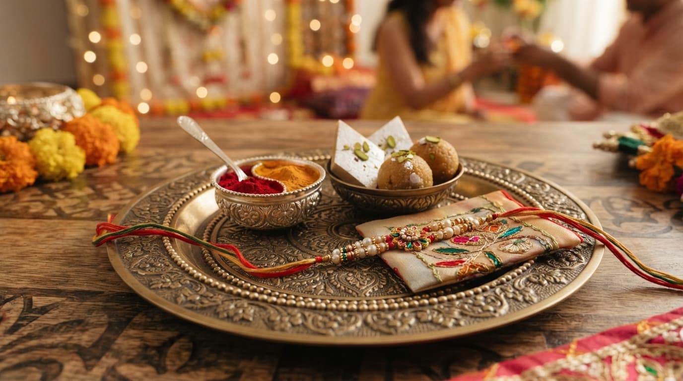 Traditional colorful Rakhi thread next to Indian sweet treats on a decorated plate for Raksha Bandhan 2026.