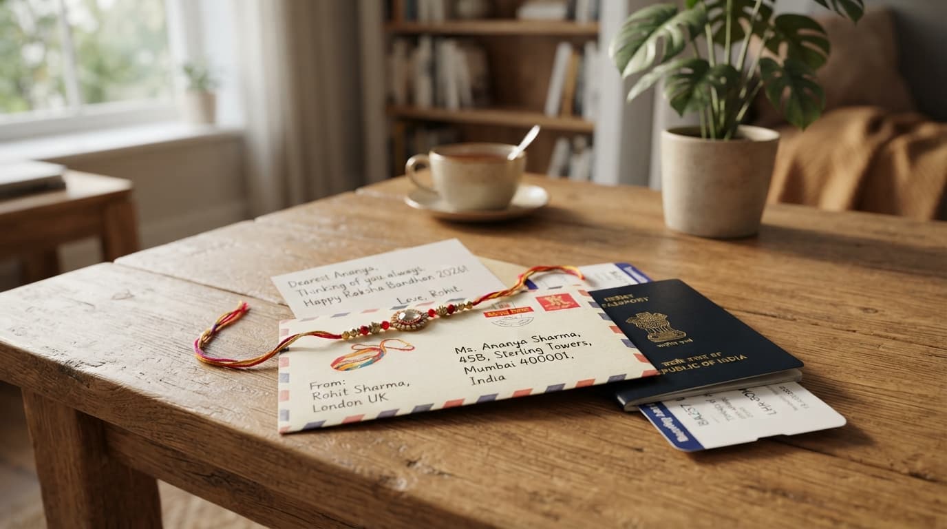 A colorful Rakhi thread and handwritten card next to a passport on a table, symbolizing long distance Raksha Bandhan 2026.