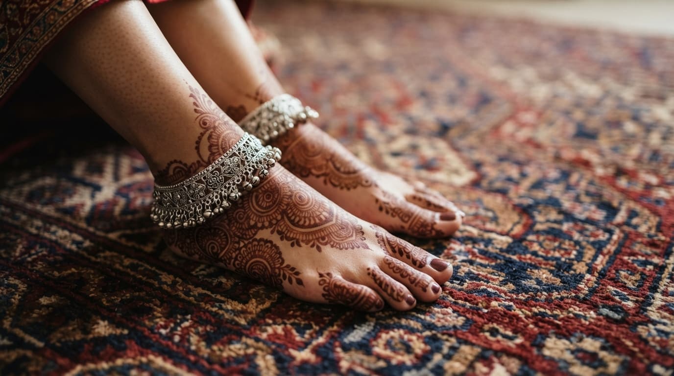 Indian bride feet with henna wearing traditional silver payal anklets with ghungroos on an ornate rug.