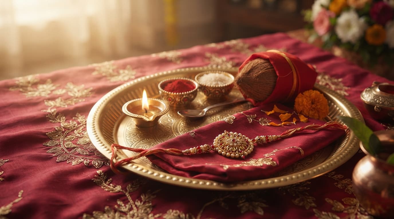Brass Raksha Bandhan thali with a traditional diya, roli, chawal, and a beautiful Rakhi on silk fabric.