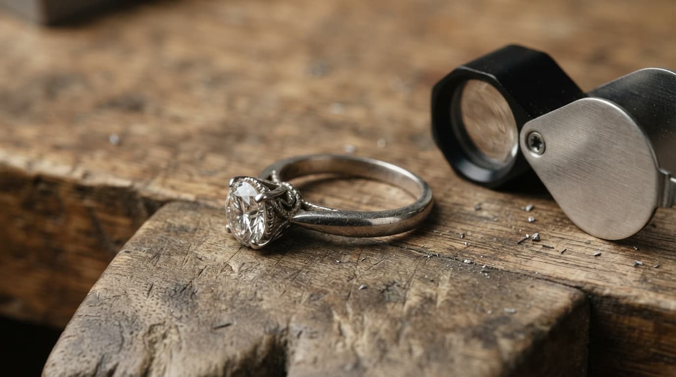Macro shot of a dirty diamond engagement ring with lotion buildup on a jeweler workbench during a professional cleaning check.
