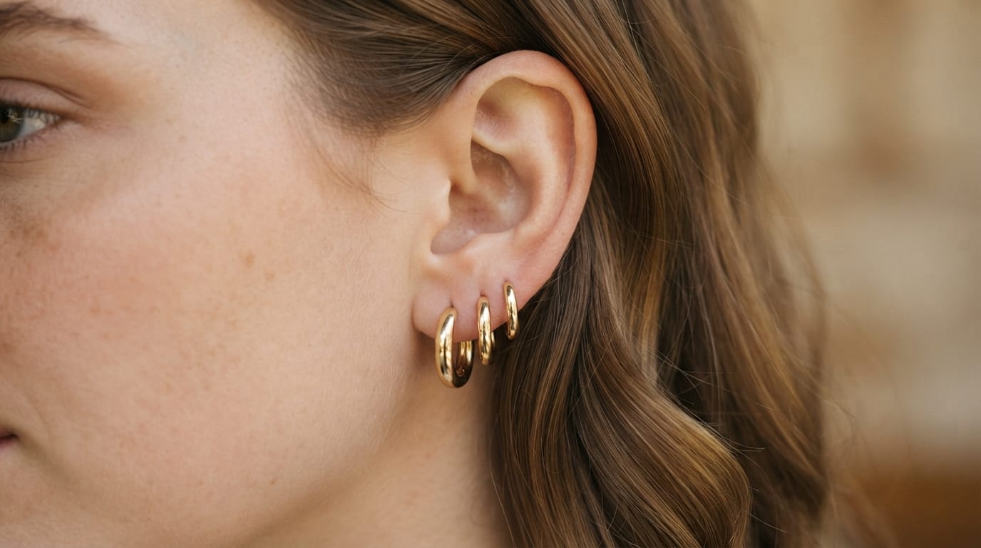 Gold huggie hoop earrings in different sizes. Best everyday jewelry for a casual and stacked ear look.