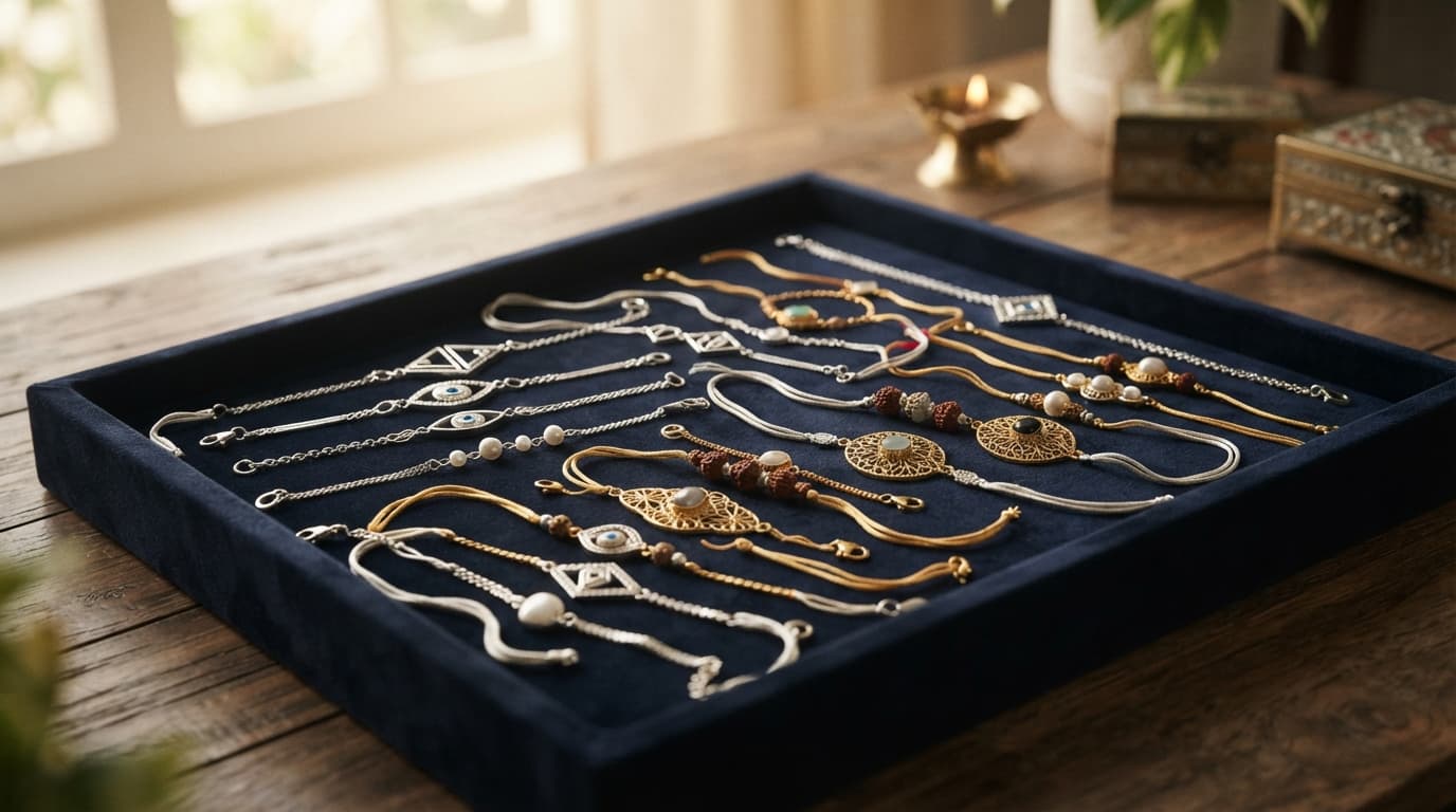 Elegant 92.5 sterling silver Rakhis and gold bracelet designs on a luxury velvet tray under natural light.