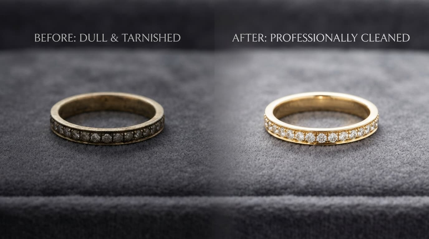 A split screen comparing a dull tarnished gold ring with a clean sparkling gold ring after professional jewelry cleaning.