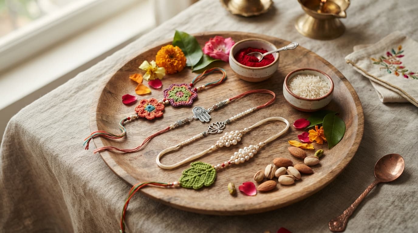 Modern unique rakhis featuring crochet, silver, and pearls on a wooden tray with roli chawal for Raksha Bandhan.