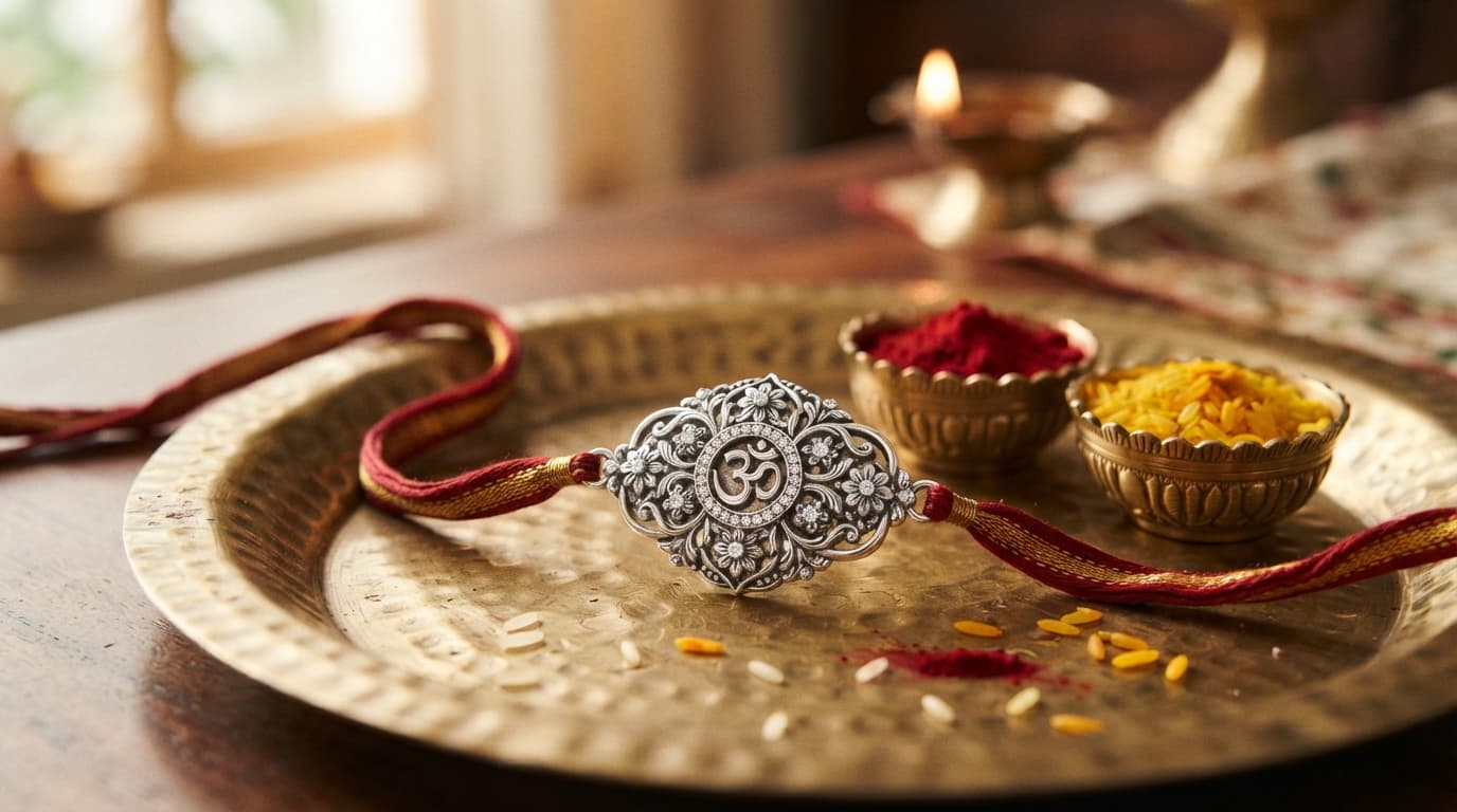 925 sterling silver rakhi with traditional carving on a brass plate with kumkum and rice for Raksha Bandhan