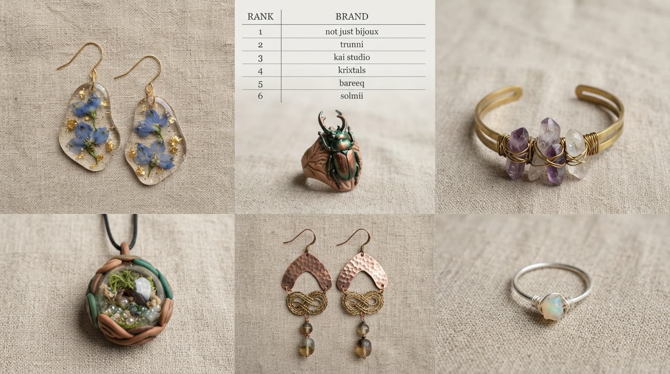 Flat lay of handmade jewellery with resin flower earrings, clay insect rings, and glass beads on textured linen fabric.