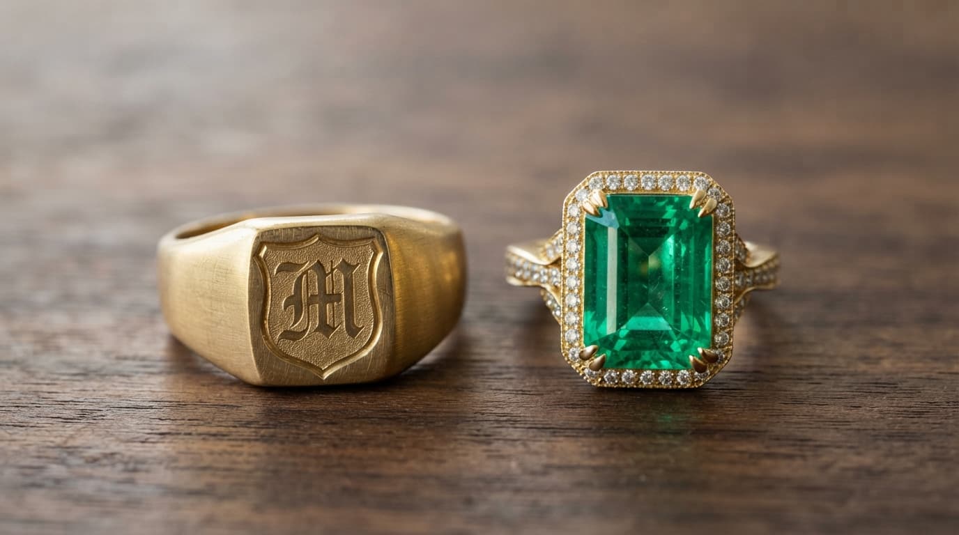 Engraved gold signet ring beside a large emerald statement ring, showcasing the contrast in jewelry styles and sizes.