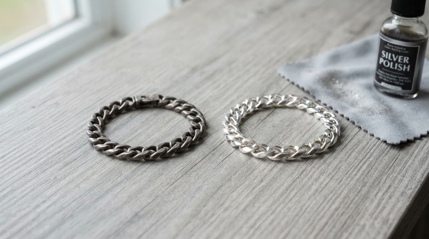 Tarnished silver bracelet next to a shiny polished silver bracelet. Easy tips to identify and clean real silver jewelry.
