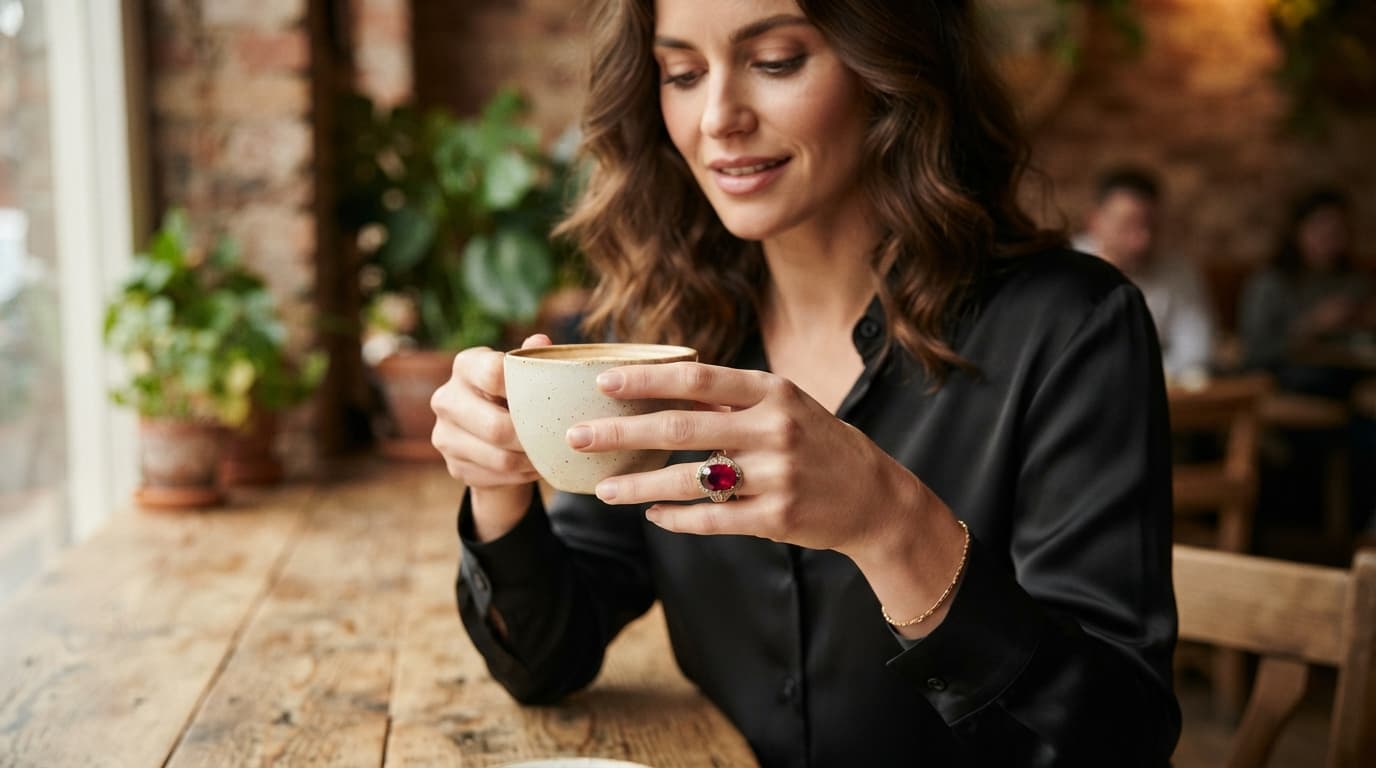 Person in a black silk blouse holding a cup, showcasing a large ruby statement ring to highlight bold fashion style.
