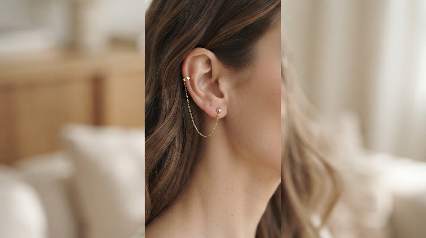 Delicate gold ear chain connecting a lobe stud to an upper cartilage cuff, showcasing modern curated ear styling.