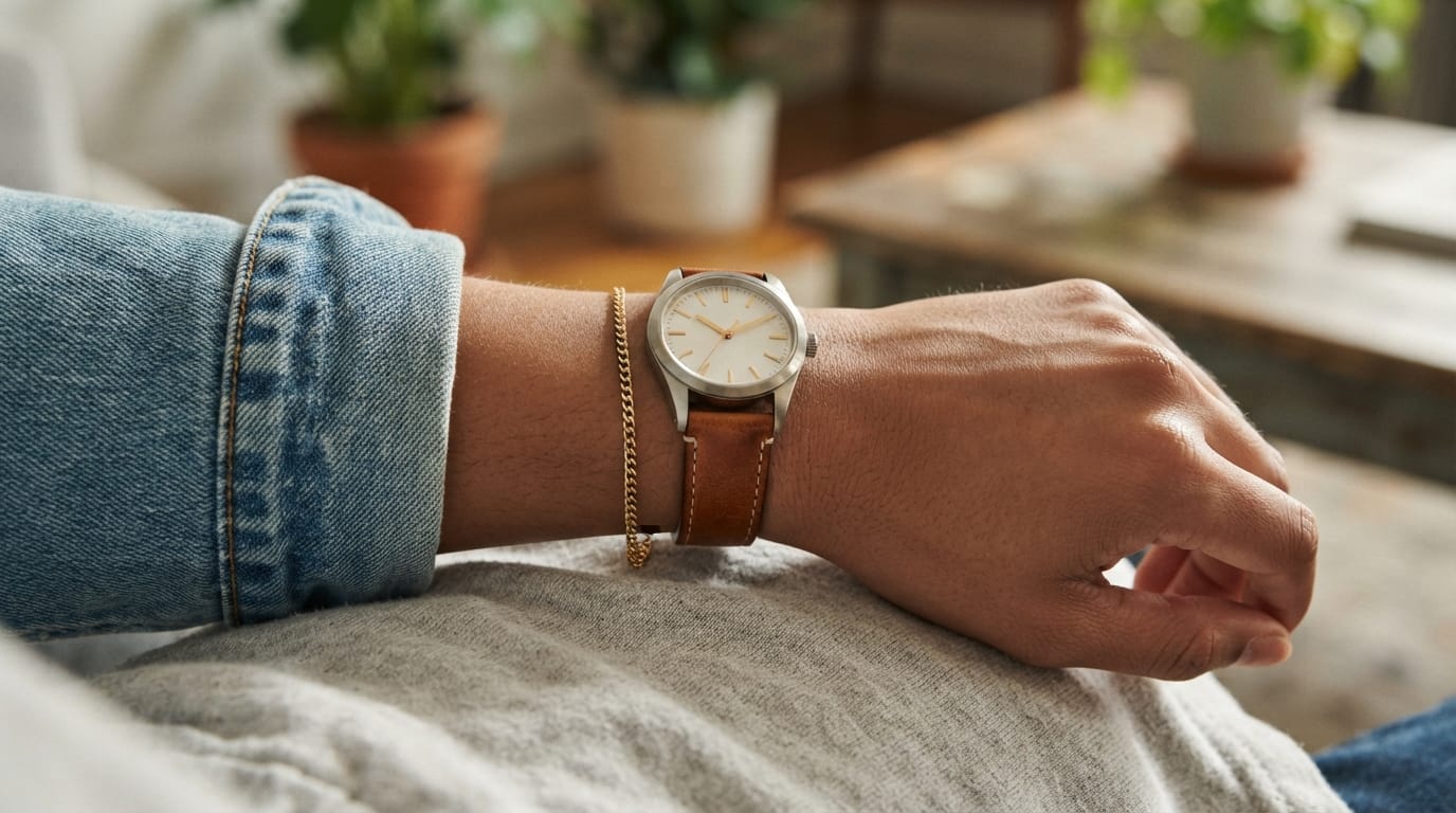 Gold chain bracelet and brown leather watch layered on a wrist showing casual jewelry for everyday wear styling.