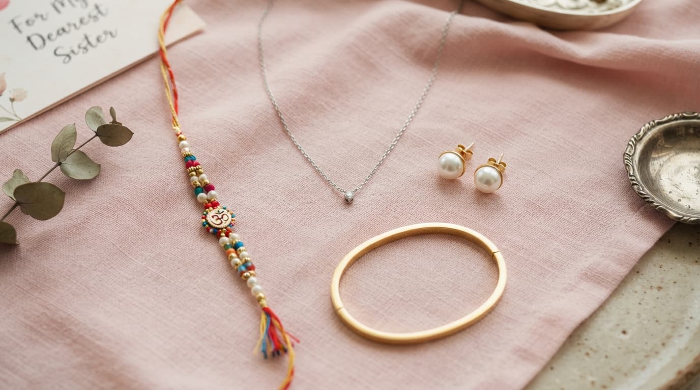 Silver necklace, gold bracelet, and pearl studs with a festive Rakhi on pastel fabric: elegant gifts for your sister.
