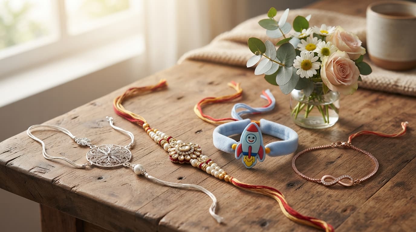 Modern silver, traditional, and kids cartoon Rakhis from top brands arranged on wood with flowers for Raksha Bandhan.
