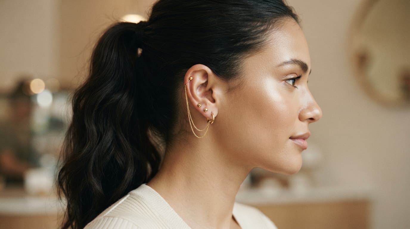 Gold ear chain styled with studs and a mini hoop on a woman with a high ponytail, showcasing the curated ear jewelry trend.
