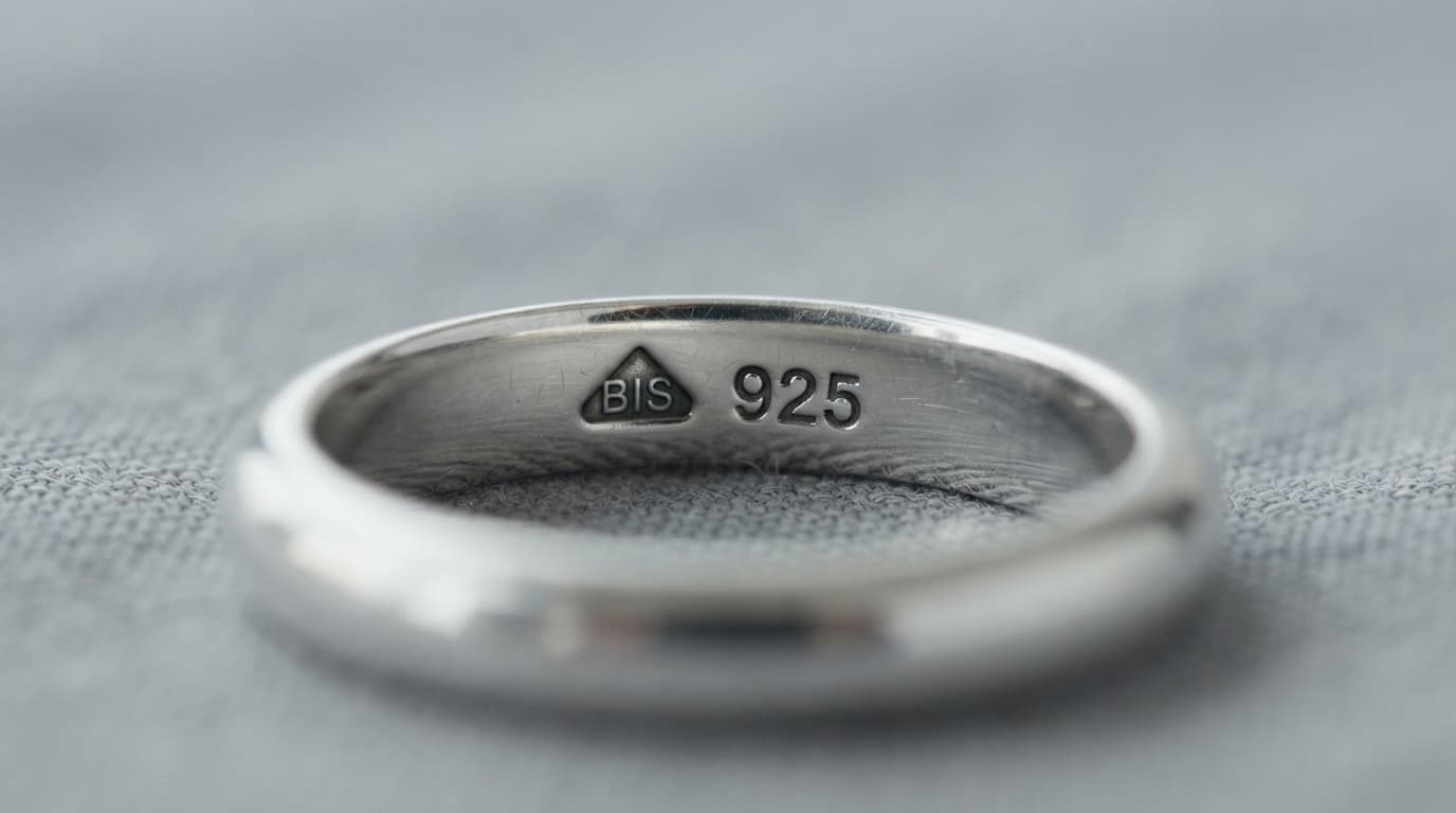 BIS hallmark and 925 stamp on a silver ring, proving authentic sterling silver jewellery quality.
