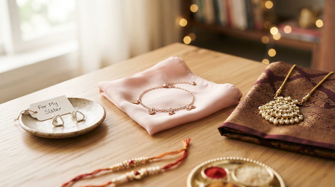 Rakhi jewellery gifts collage featuring silver studs, a rose gold charm bracelet, and a traditional pendant.