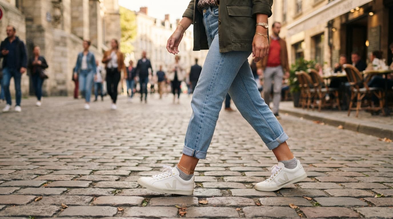 Woman wearing white sneakers and a delicate gold chain anklet, highlighting modern minimalist anklet jewelry styling.