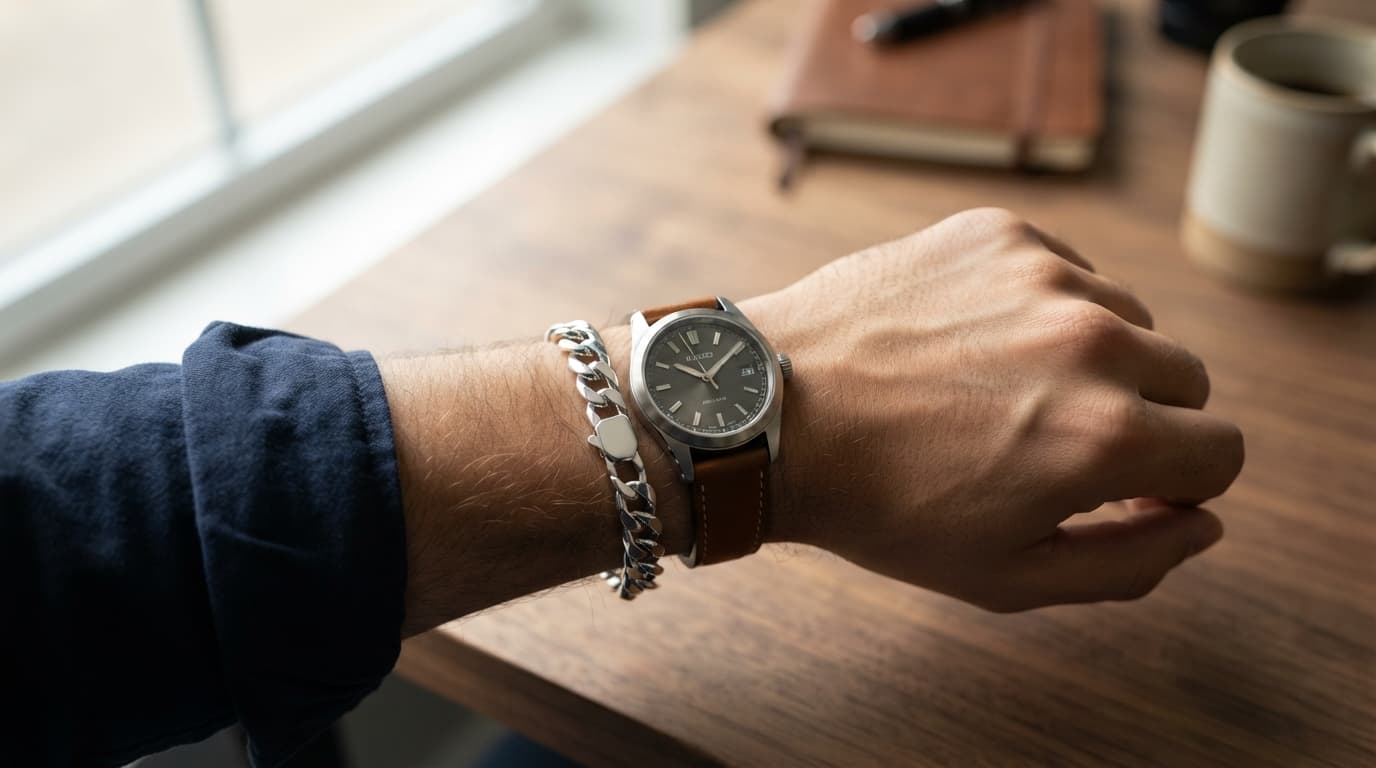 Man wearing a thick sterling silver chain bracelet and watch, a modern silver Rakhi gift idea for brothers.