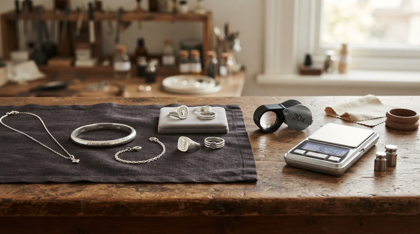 Pure sterling silver rings and necklaces on a table with a jeweller magnifying glass and a testing scale.