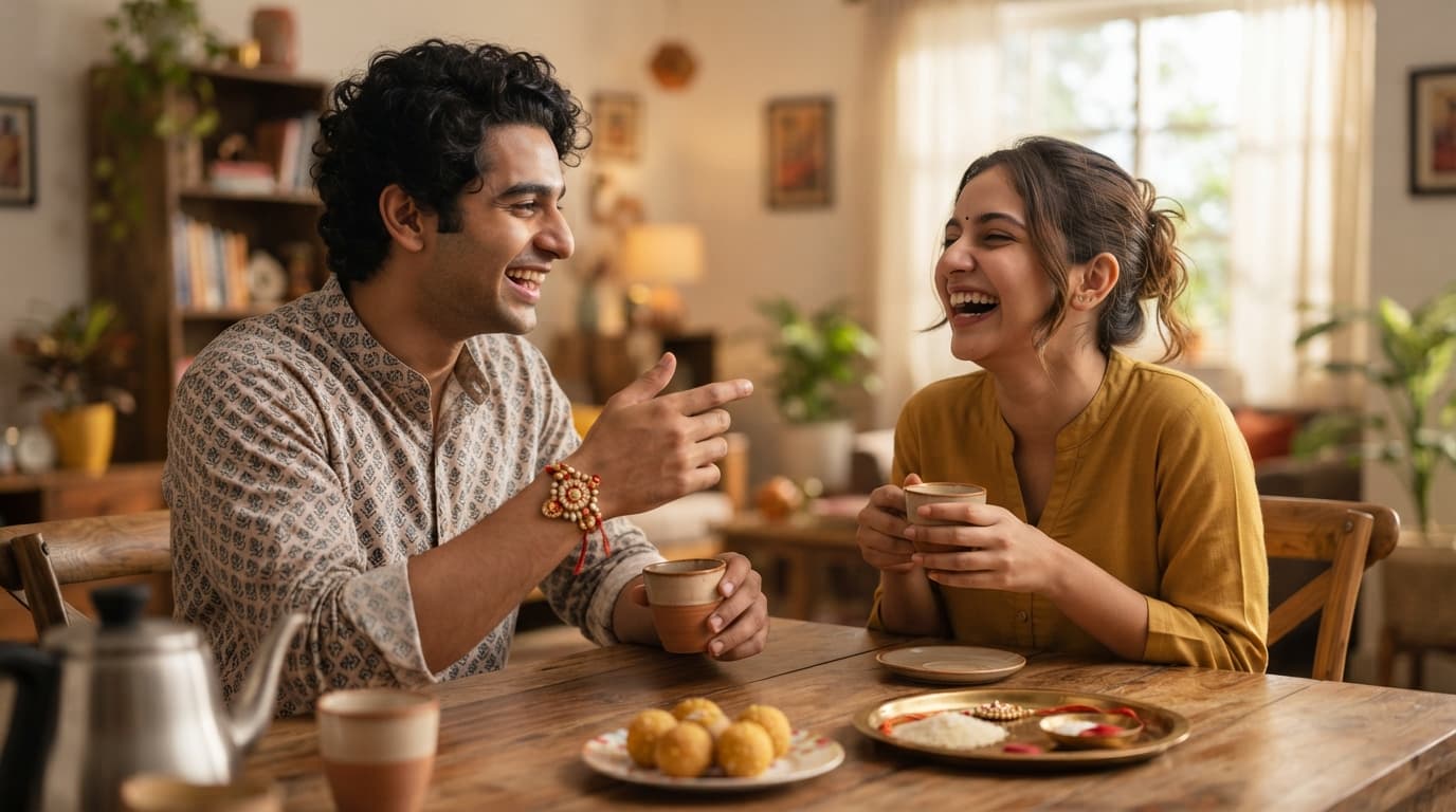 Brother and sister laughing over tea, celebrating Raksha Bandhan 2026 with a colorful Rakhi tied on his wrist.