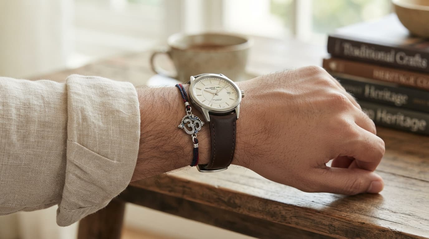 Elegant silver watch charm rakhi styled with a leather watch on a man's wrist, a unique Raksha Bandhan gift.