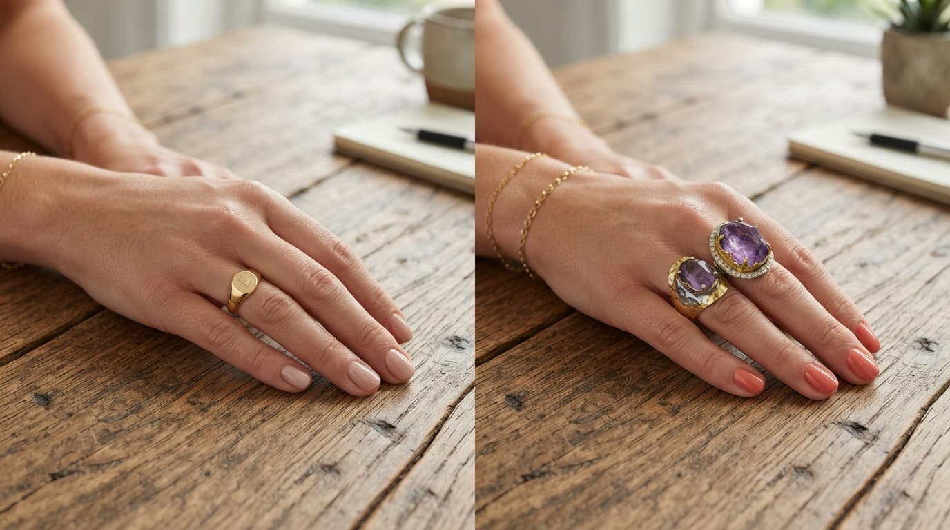 Gold signet ring on a pinky finger and a large gemstone statement ring on hands resting on a wooden table.