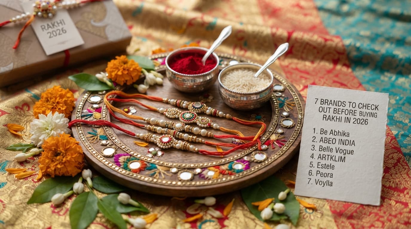 Decorative wooden thali with colorful rakhis, roli chawal, and flowers in natural light for Raksha Bandhan 2026.