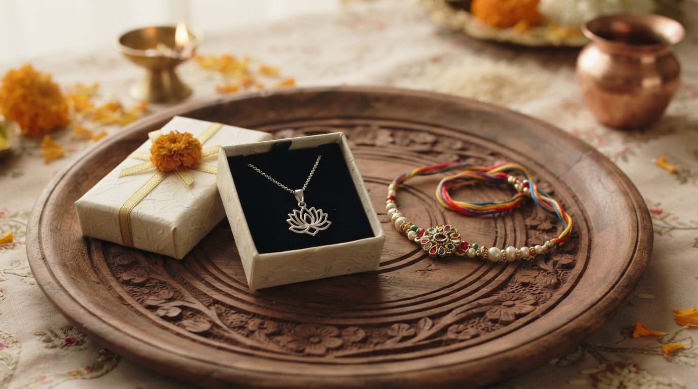 Elegant silver pendant gift set next to a colorful Rakhi thread on a festive wooden platter for Raksha Bandhan.
