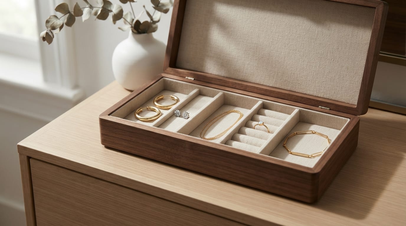 Wooden jewelry box displaying five everyday accessories including gold hoops, stud earrings, a chain, ring, and bracelet.