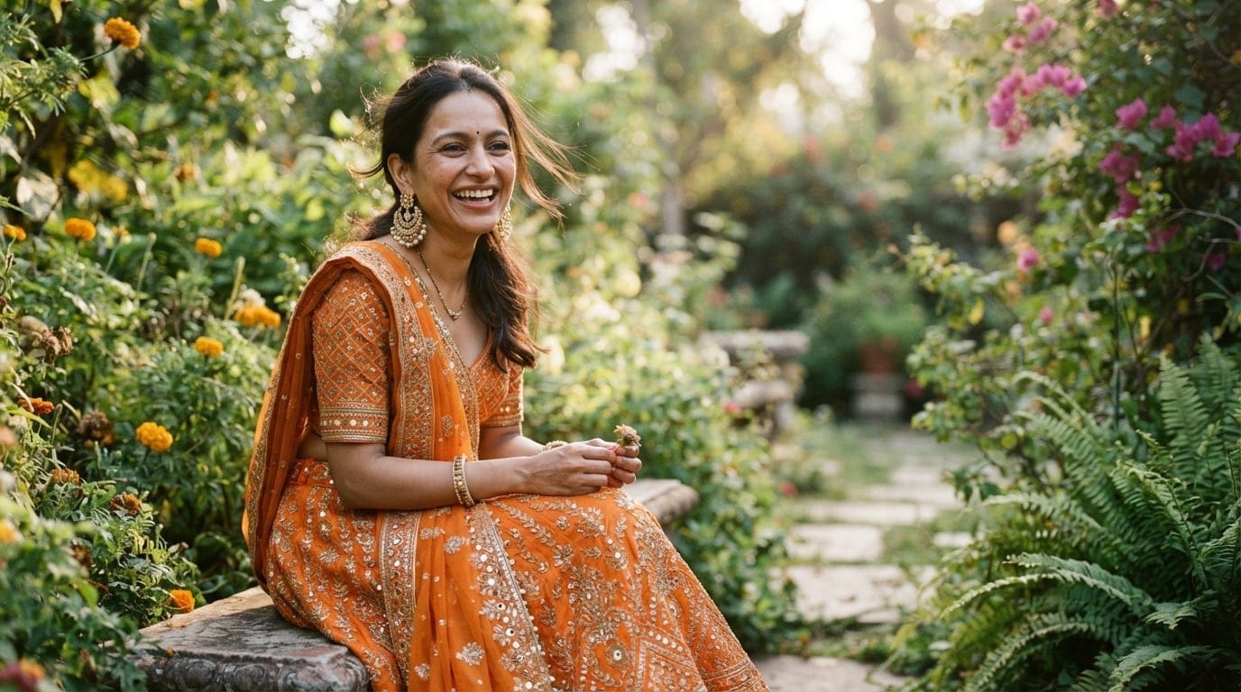A woman smiling in a sunny garden wearing a bright orange lehenga and detailed gold jhumka earrings for Navratri celebrations.