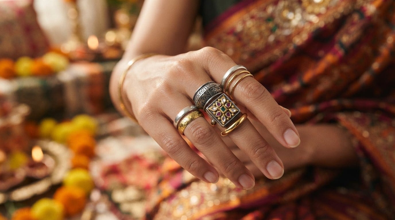 A close up of a hand wearing mixed metal gold and silver rings for Navratri 2026 fashion styling
