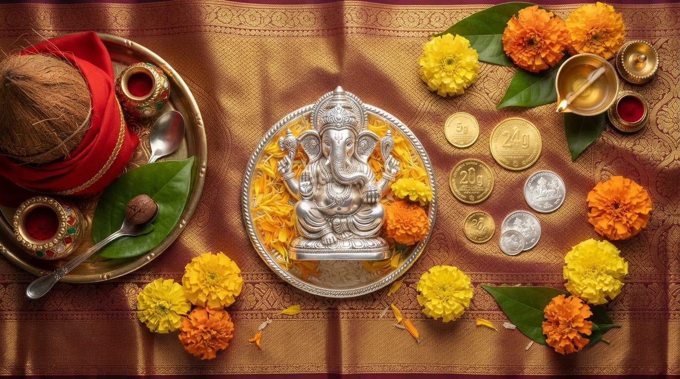 Silver Lord Ganesha idol with shiny gold coins and marigolds on silk cloth for auspicious Ganesh Chaturthi gold shopping.