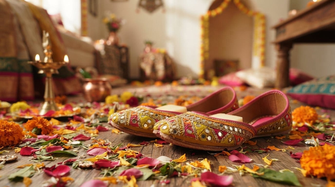 Handcrafted vibrant yellow and pink Punjabi juttis featuring intricate mirror embroidery and comfortable foam padding.