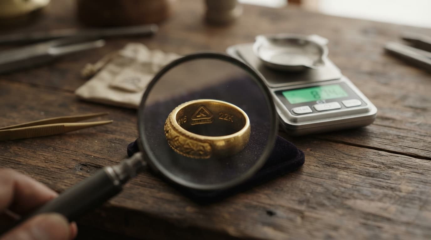 Checking the BIS hallmark on a 22k gold ring with a magnifying glass to buy pure gold for Ganesh Chaturthi.