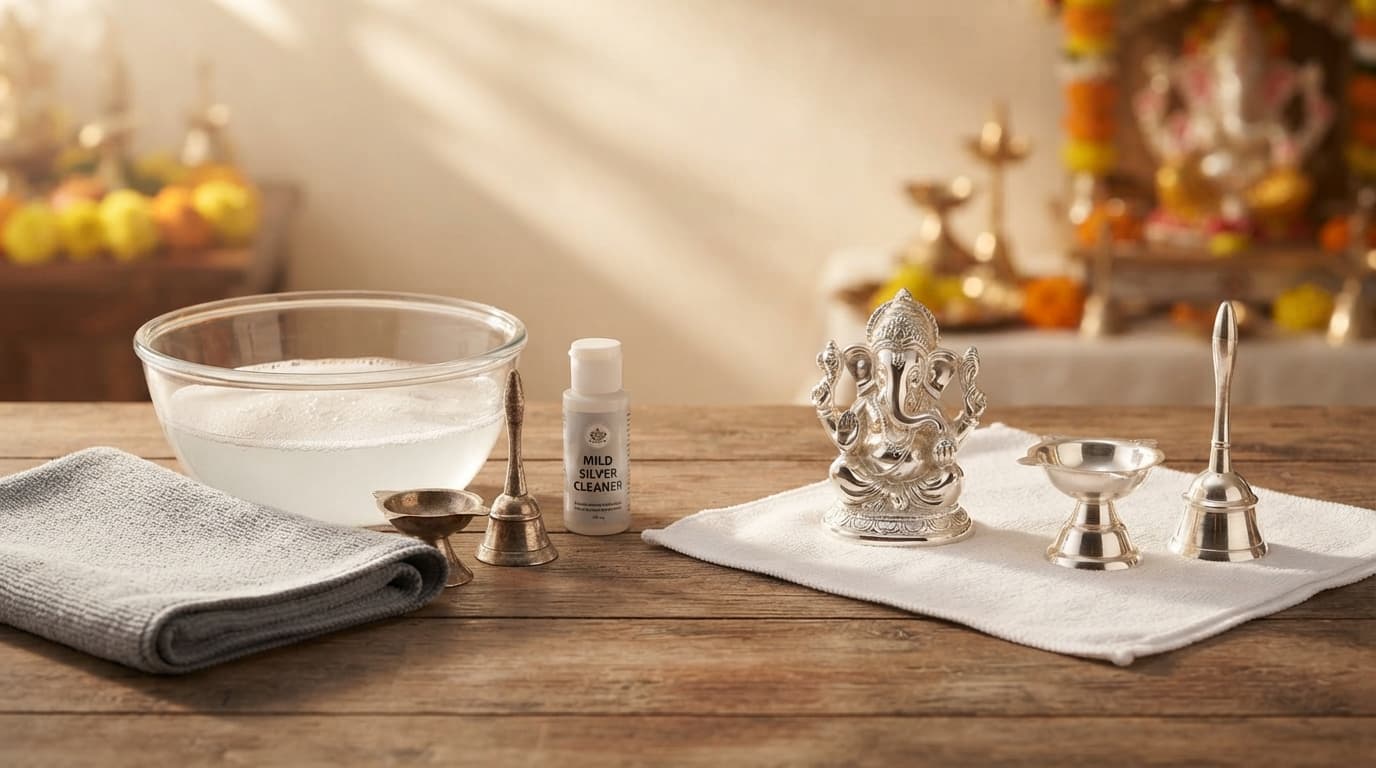 Cleaning setup for silver puja items using a warm water bowl, mild soap, microfiber cloth, shiny silver bells, and diyas.