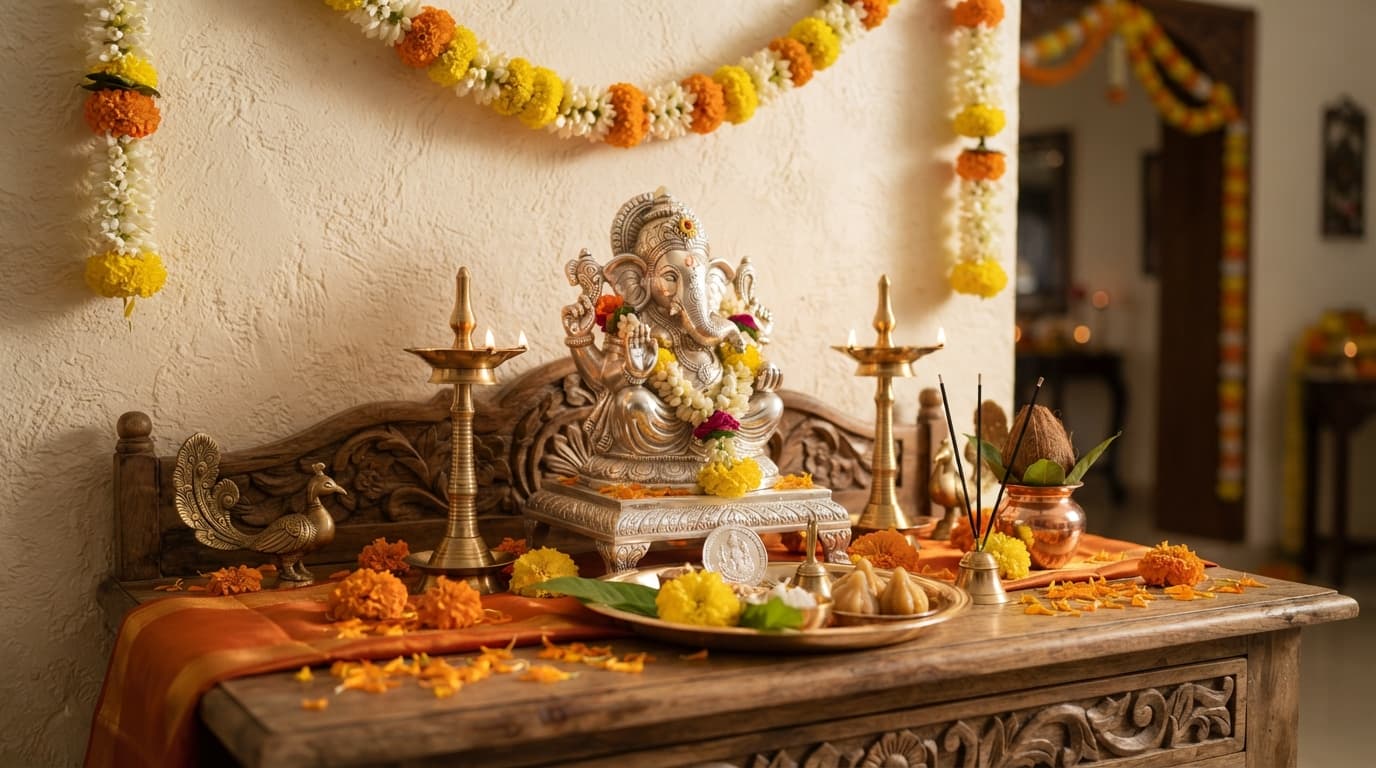 Silver Ganesha idol with marigolds and modaks in a decorated home temple setup for Ganesh Chaturthi.