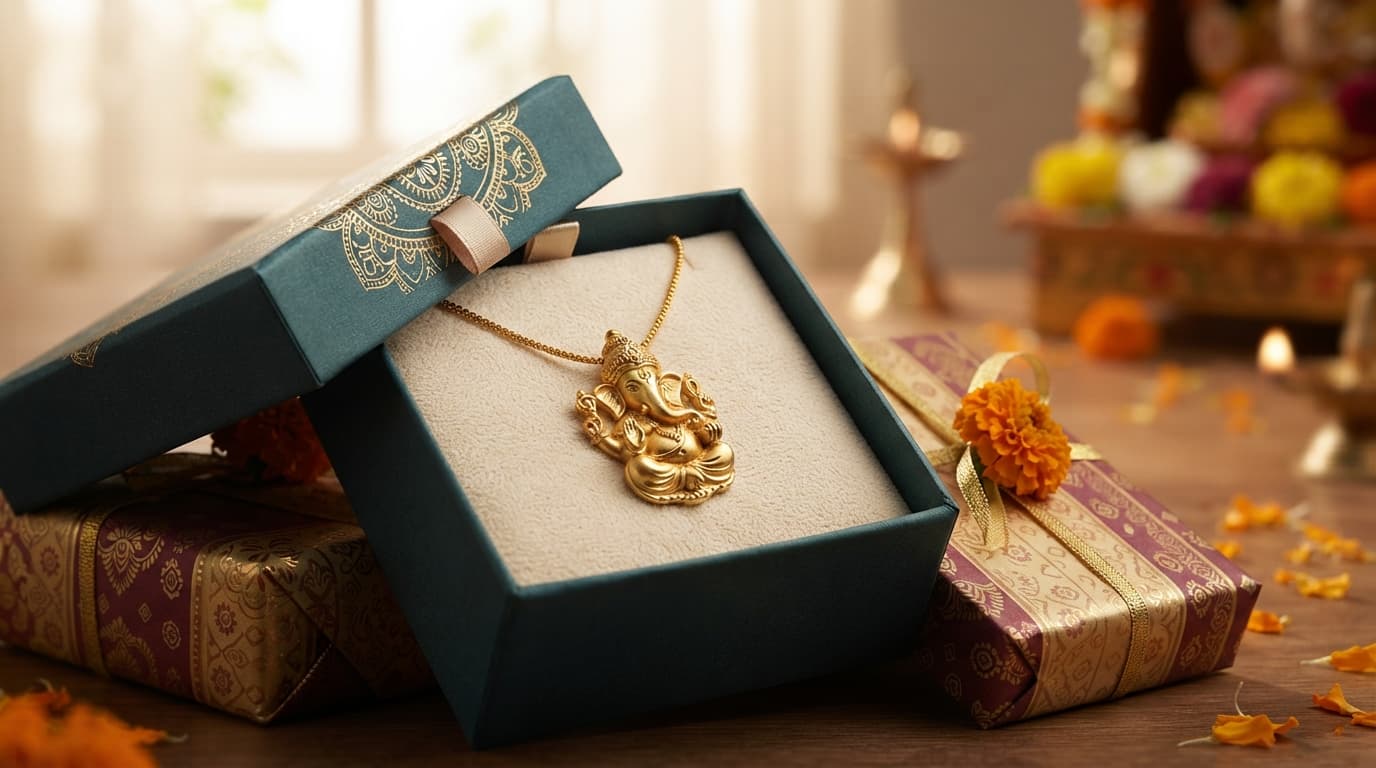 Gold Ganesha pendant on a chain inside an open gift box, a perfect idea for Ganesh Chaturthi jewellery gifting.