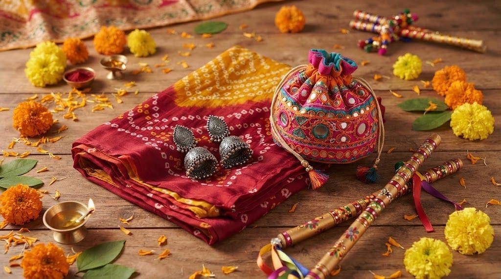 Traditional Navratri gifts for women flat lay featuring oxidised silver jhumkas, mirror-work potli bag, dandiya sticks, and bandhani dupatta on a wooden surface with marigolds.