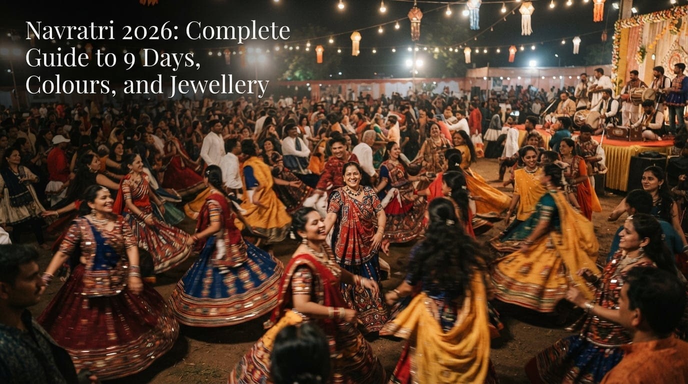 People dancing Garba in colorful traditional outfits with motion blur on skirts under warm string lights during Navratri 2026 celebrations.